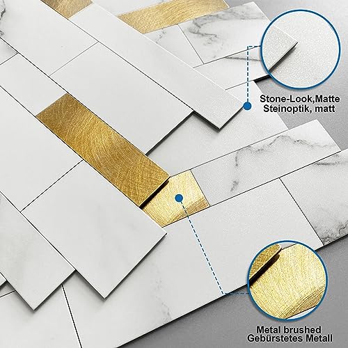 M MOFIT Backsplash Tile for Kitchen Peel and Stick Stone Matte Finish,Bathroom Tiles Stickers 3D Wall Panel Linear Mosaic Marble Backsplash Waterproof(10sheets,White Gold) - Image 2