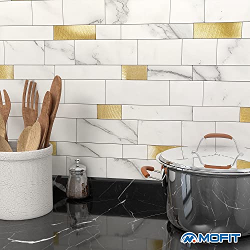 M MOFIT Backsplash Tile for Kitchen Peel and Stick Stone Matte Finish,Bathroom Tiles Stickers 3D Wall Panel Linear Mosaic Marble Backsplash Waterproof(10sheets,White Gold) - Image 4