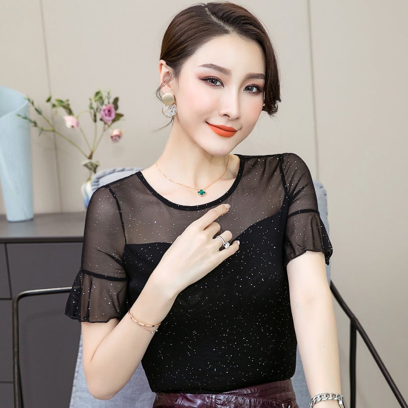 Love Clothes Buying Short-sleeved T-shirt Women's 2023 Summer Women's Clothing New Stitching Bright Silk Base Shirt Inner Slim Shirt - Image 3