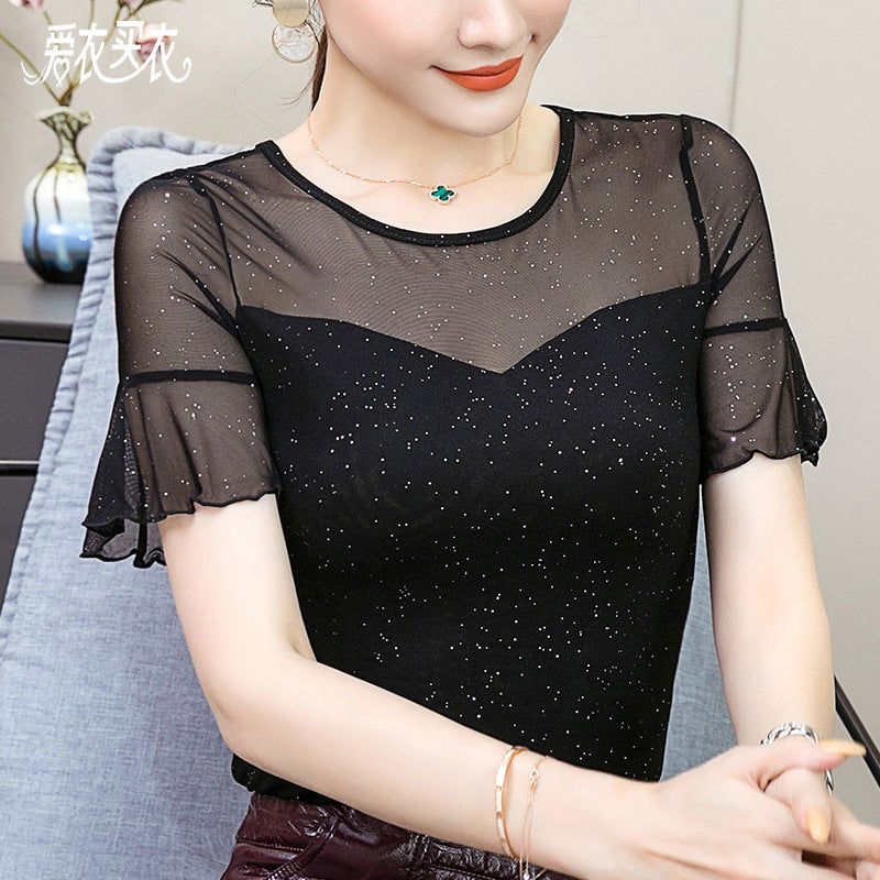 Love Clothes Buying Short-sleeved T-shirt Women's 2023 Summer Women's Clothing New Stitching Bright Silk Base Shirt Inner Slim Shirt - Image 2