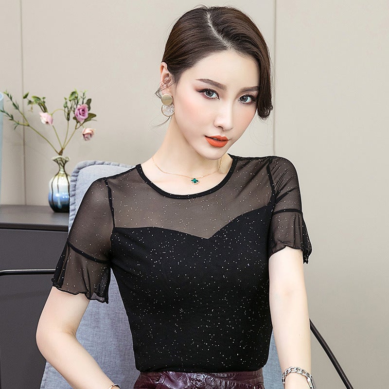 Love Clothes Buying Short-sleeved T-shirt Women's 2023 Summer Women's Clothing New Stitching Bright Silk Base Shirt Inner Slim Shirt - Image 5