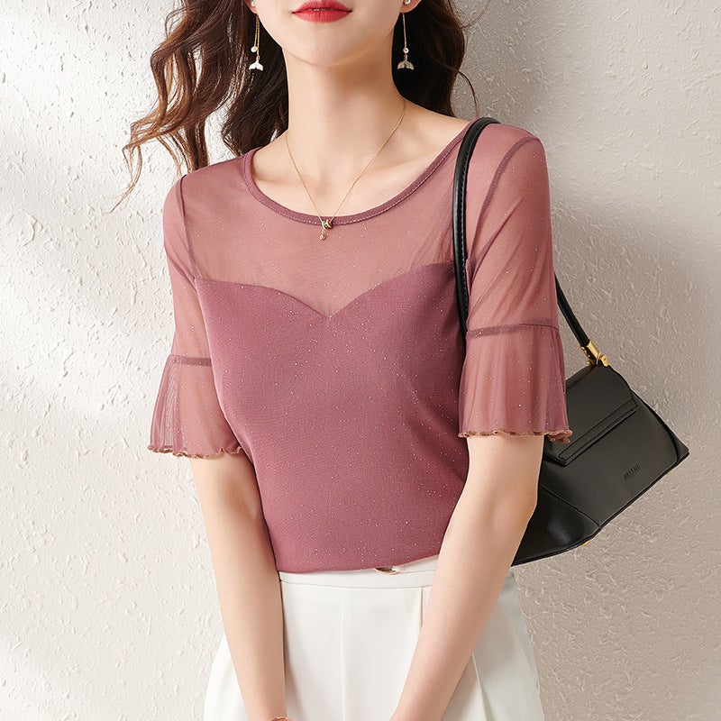 Love Clothes Buying Short-sleeved T-shirt Women's 2023 Summer Women's Clothing New Stitching Bright Silk Base Shirt Inner Slim Shirt - Image 1