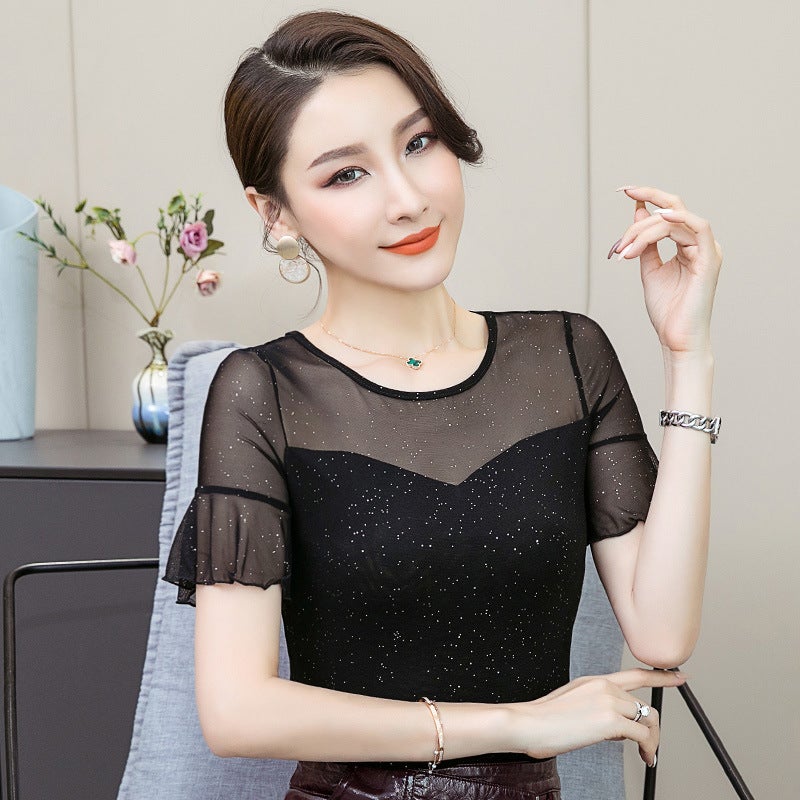 Love Clothes Buying Short-sleeved T-shirt Women's 2023 Summer Women's Clothing New Stitching Bright Silk Base Shirt Inner Slim Shirt - Image 4