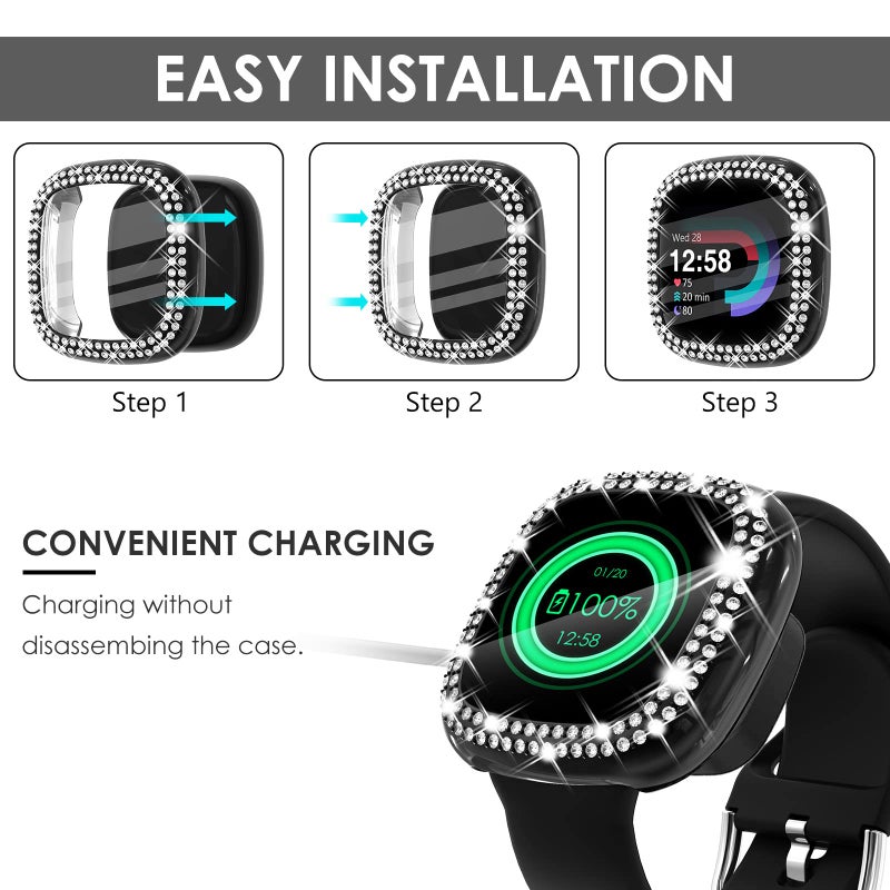 Fullife 3-Pack TPU Bumper for Fitbit Versa 3 Screen Protector, Crystal Diamond Bling Case HD Full Protective Cover for Men Women, Fitbit Versa 3/Fitbit Sense Smartwatch, Black/Silver/Clear - Image 2