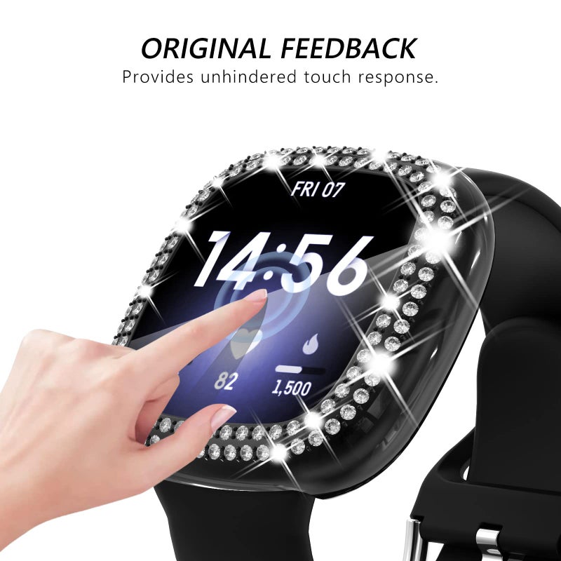 Fullife 3-Pack TPU Bumper for Fitbit Versa 3 Screen Protector, Crystal Diamond Bling Case HD Full Protective Cover for Men Women, Fitbit Versa 3/Fitbit Sense Smartwatch, Black/Silver/Clear - Image 5