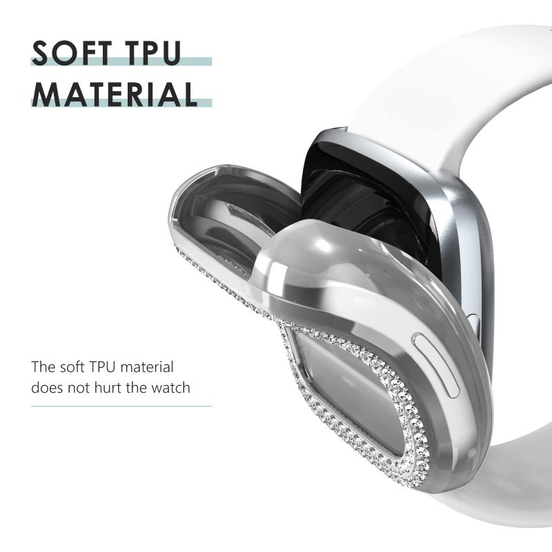 Fullife 3-Pack TPU Bumper for Fitbit Versa 3 Screen Protector, Crystal Diamond Bling Case HD Full Protective Cover for Men Women, Fitbit Versa 3/Fitbit Sense Smartwatch, Black/Silver/Clear - Image 3