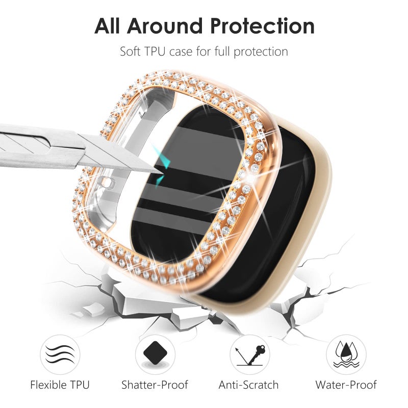 Fullife 3-Pack TPU Bumper for Fitbit Versa 3 Screen Protector, Crystal Diamond Bling Case HD Full Protective Cover for Men Women, Fitbit Versa 3/Fitbit Sense Smartwatch, Black/Silver/Clear - Image 4