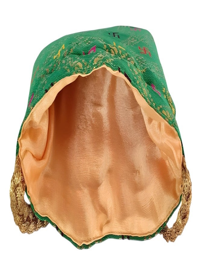 DUCHESS Green Ethnic Silk Potli Bag with Swastik Print for Women | Traditional Drawstring Bag for Wedding, Puja, & Festivals | Return Gift Potli with Gold Braided Handle and Tassels - Image 5