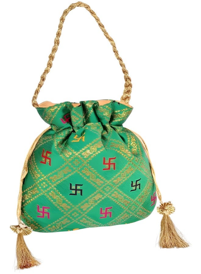 DUCHESS Green Ethnic Silk Potli Bag with Swastik Print for Women | Traditional Drawstring Bag for Wedding, Puja, & Festivals | Return Gift Potli with Gold Braided Handle and Tassels - Image 3