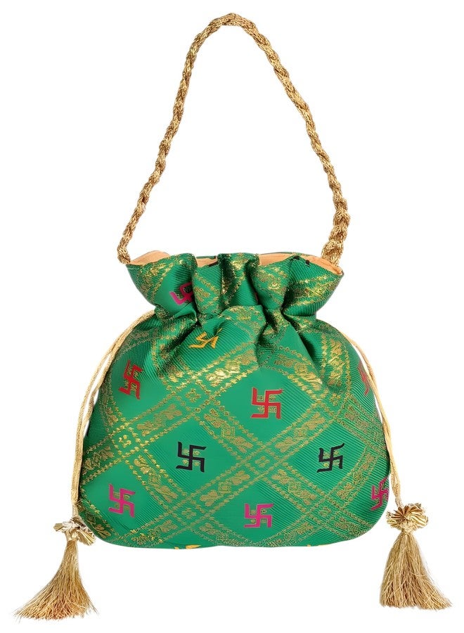 DUCHESS Green Ethnic Silk Potli Bag with Swastik Print for Women | Traditional Drawstring Bag for Wedding, Puja, & Festivals | Return Gift Potli with Gold Braided Handle and Tassels - Image 1