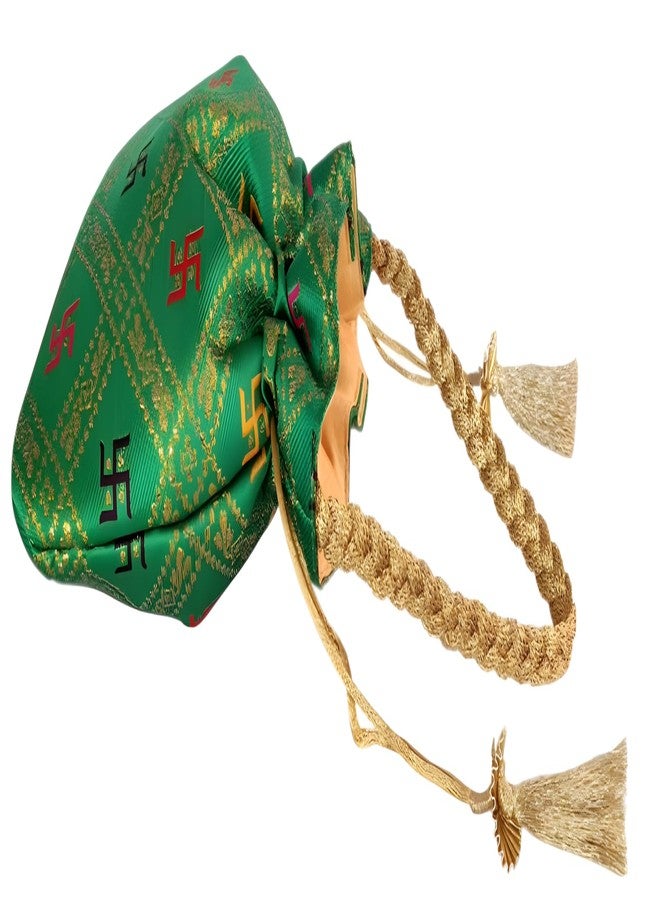 DUCHESS Green Ethnic Silk Potli Bag with Swastik Print for Women | Traditional Drawstring Bag for Wedding, Puja, & Festivals | Return Gift Potli with Gold Braided Handle and Tassels - Image 4