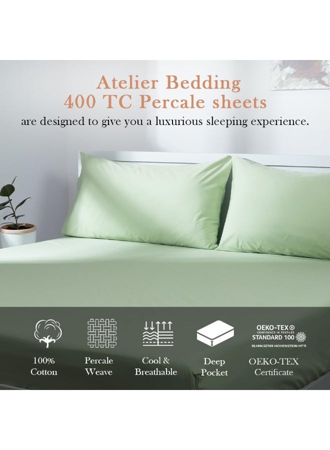 Atelier 4-Piece Bed Sheet Sets 100% Cotton Hotel Luxury 400 Thread Count Percale Weave Easy Wash Care | Laurel Green | Cal King - Image 3