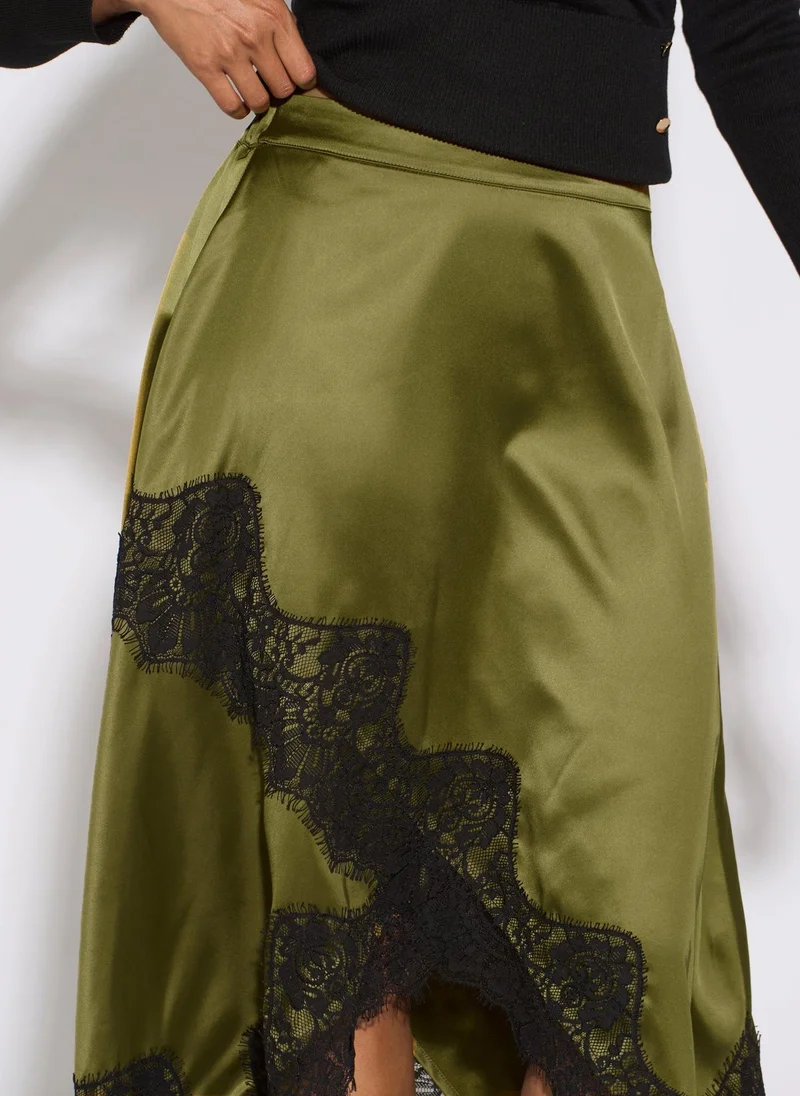 Gini London  Khaki Satin Asymmetric Hem Contrast Lace Skirt for Women | Best Price UAE