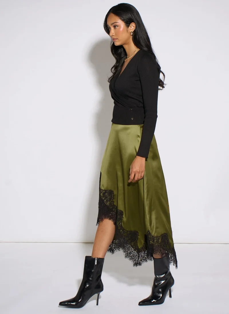 Gini London  Khaki Satin Asymmetric Hem Contrast Lace Skirt for Women | Best Price UAE