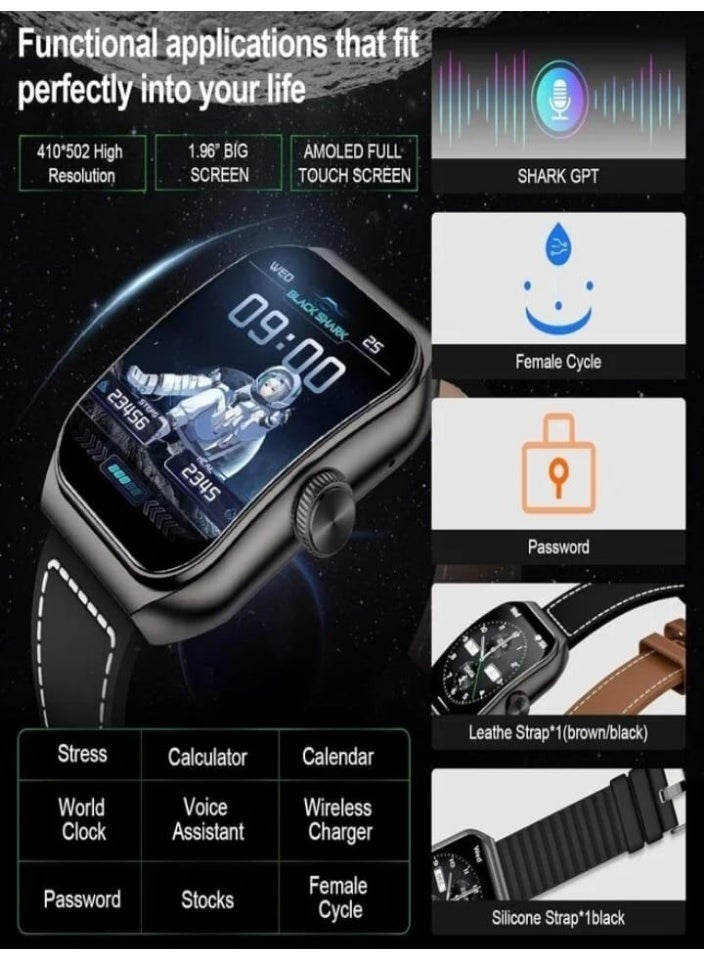 بلاك شارك ساعة ذكية بلاك شارك GT3 بشاشة AMOLED مقاس 1.96 بوصة، تدعم مكالمات البلوتوث، مقاومة للماء IP68، بطارية تدوم حتى 10 أيام مع سوارين (جلدي وسيليكون) - لون أسود - Image 5