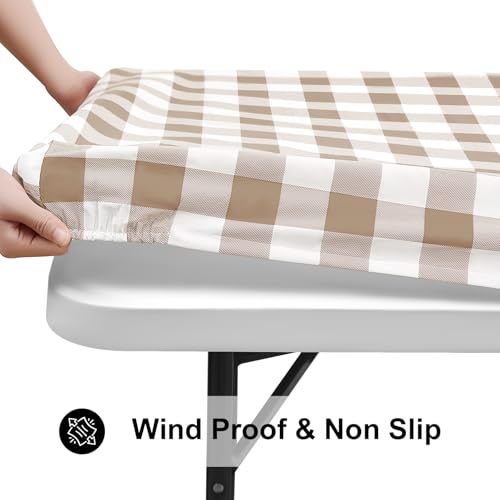 Smiry Rectangle Picnic Table Cloth, Elastic Waterproof Fitted Vinyl Tablecloths, Flannel Backed Buffalo Plaid Table Covers for Dining, Camping, Outdoor (White and Khaki, 30" x 72") - Image 2