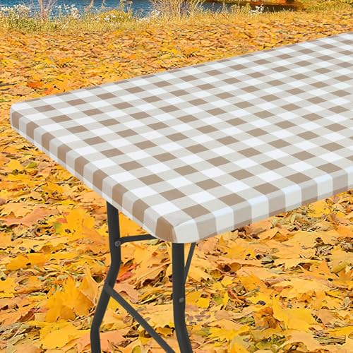 Smiry Rectangle Picnic Table Cloth, Elastic Waterproof Fitted Vinyl Tablecloths, Flannel Backed Buffalo Plaid Table Covers for Dining, Camping, Outdoor (White and Khaki, 30" x 72") - Image 1