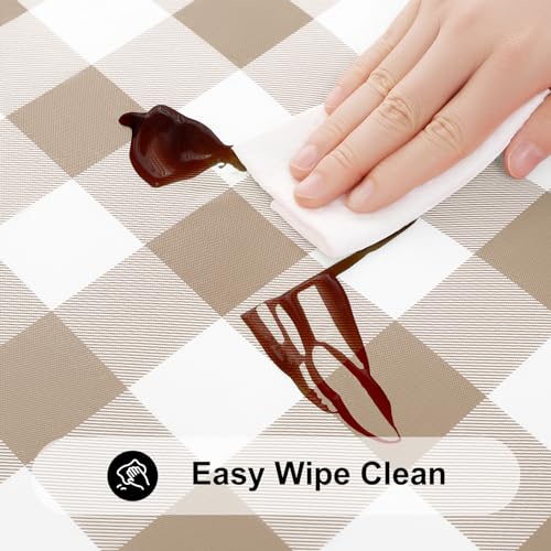 Smiry Rectangle Picnic Table Cloth, Elastic Waterproof Fitted Vinyl Tablecloths, Flannel Backed Buffalo Plaid Table Covers for Dining, Camping, Outdoor (White and Khaki, 30" x 72") - Image 3