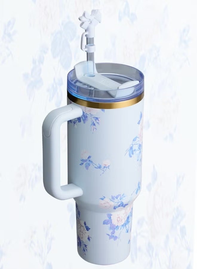 Stanley Stanley Love Shack Fancy H2.0 Flow State 40oz Blue Rose Tumbler, Stainless Steel Vacuum Insulated Quencher with Lid, Straw, and Stopper, Ideal for Water and Iced Tea, Keeps Drinks Cold, Presented in Elegant Gift-Ready Packaging - Image 2