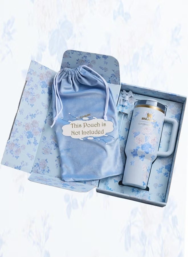 Stanley Stanley Love Shack Fancy H2.0 Flow State 40oz Blue Rose Tumbler, Stainless Steel Vacuum Insulated Quencher with Lid, Straw, and Stopper, Ideal for Water and Iced Tea, Keeps Drinks Cold, Presented in Elegant Gift-Ready Packaging - Image 3