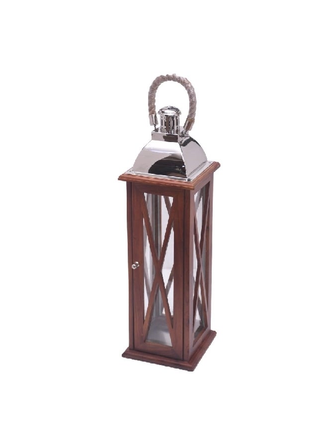 Wood and Glass Lantern with Rope Handle Brown and Silver 76 x 23 x 23 cm 14044 L