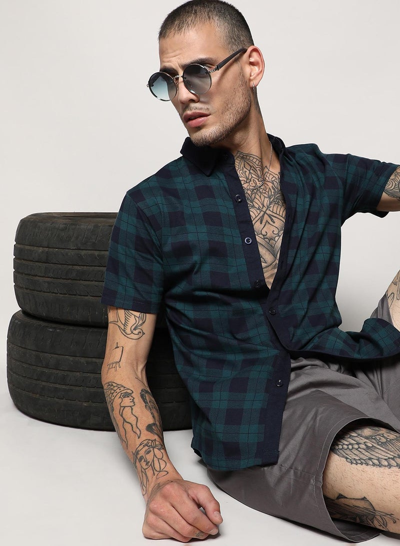 Campus Sutra Men's Green & Blue Tartan Plaid Shirt  - Image 1