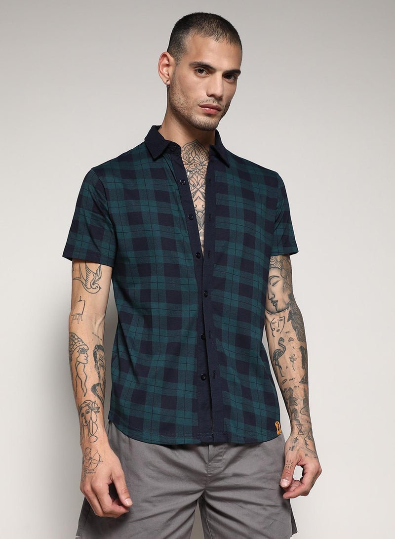 Campus Sutra Men's Green & Blue Tartan Plaid Shirt  - Image 2
