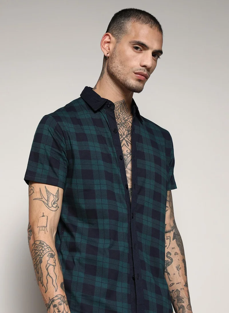 كامبوس سوترا Men's Green & Blue Tartan Plaid Shirt