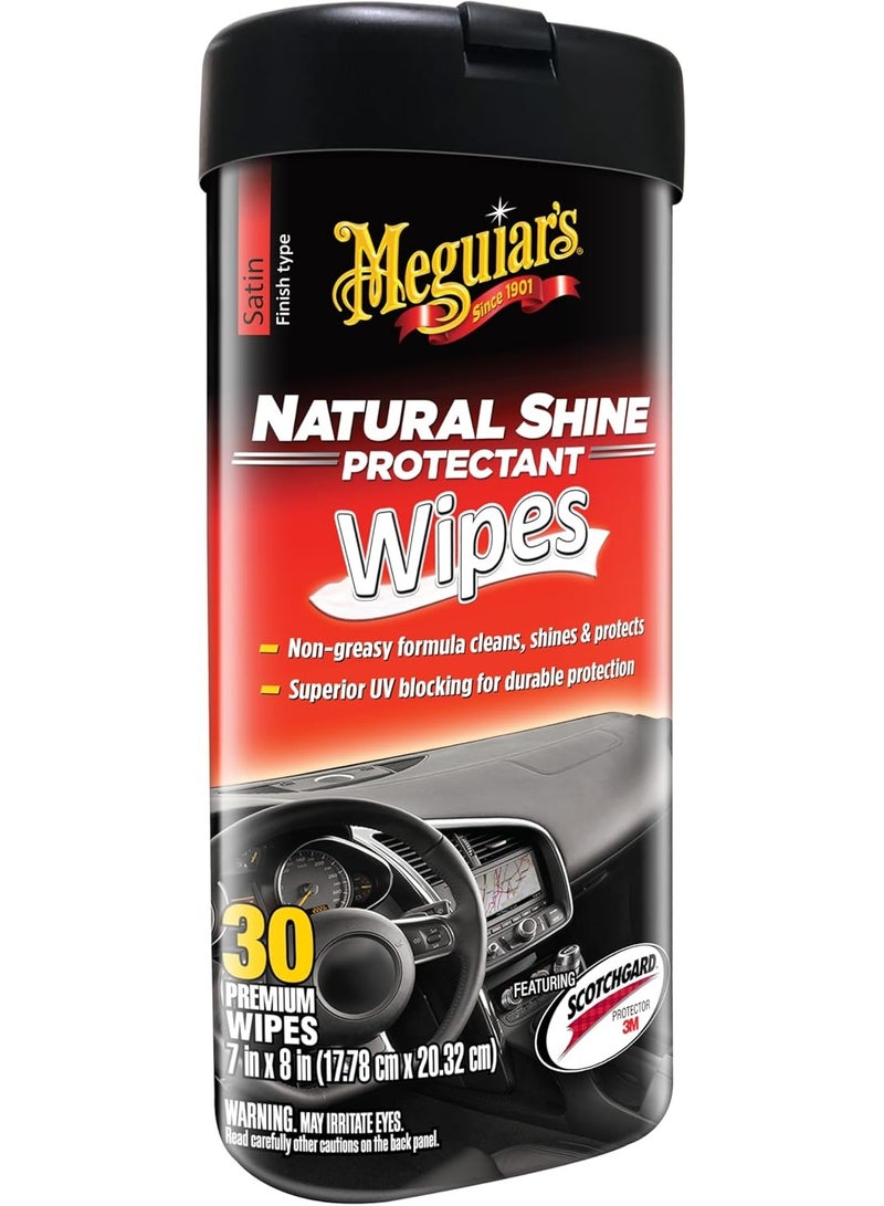Meguiar's Natural Shine Protectant Wipes - 30 Full Size Car Care Wipes Clean and Protect Vinyl, Rubber, and Plastic Surfaces - Streak-Free Wipes with UV Protection and Leave a Satin, Non-Greasy Shine - Image 1