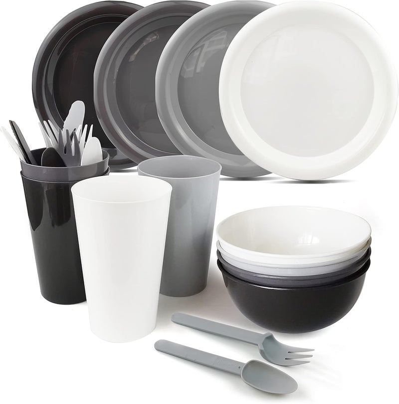 Layron 24Piece Plastic Plates and Bowls Sets Dinnerware Set Dishes Set for 4College Dorm Room EssentialsCamping Plates and Bowls with TumblerKnivesForks and SpoonsMess KitMicrowave SafeBPA Free - Image 1