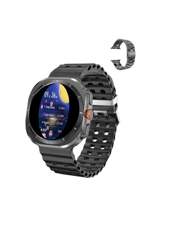 ساعة ذكية ألترا 7، 4 جيجابايت، رؤية ثلاثية الأبعاد، مكالمات بلوتوث، شحن لاسلكي، ساعة دي تي، مقاومة للماء، ساعة معصم ذكية خفيفة الوزن ومريحة للرجال والنساء، (قطعة واحدة، أسود مع حزام فولاذي) - Image 1