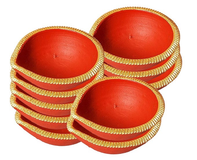TERRACOTTA HANDMADE DECORATIVE DIYA 2 INCH RED WITH GOLDEN PACK OF 21
