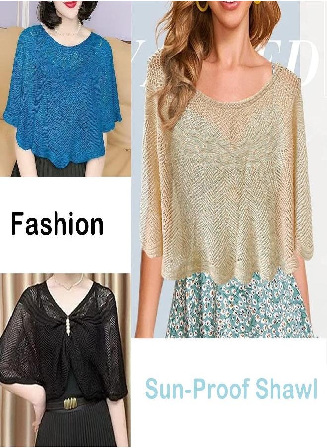 RainFlowwer - Knitted Sun-Proof Shawl, Ice Silk Shawl for Women, Summer Hollow-Out Knit Shawl Wraps, Women's Open Knit Top (Blue) - Image 1