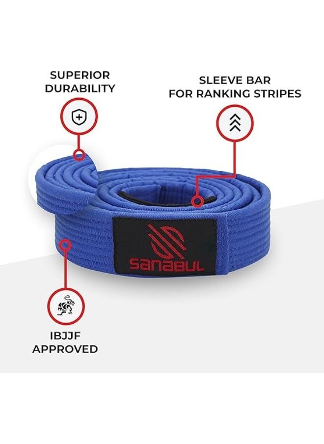 Sanabul  BJJ Belt Men & Women | Brazilian Jiu Jitsu Belt with Ranking Stripes Sleeve Bar | Kids Jiu Jitsu Gi | IBJJF Approved (Blue,A0)  - Image 5