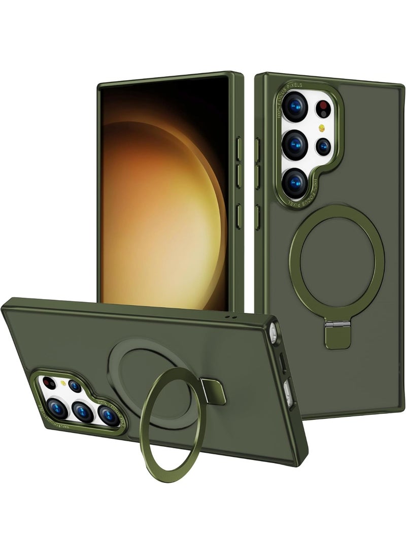 جراب مغناطيسي متوافق مع هاتف Samsung S25 Ultra مع حامل حلقي، [حماية من السقوط حتى 10 أقدام] [ملمس مخملي] جراب هاتف نحيف شفاف غير لامع مقاوم للصدمات لهاتف Samsung S25 Ultra (أخضر)