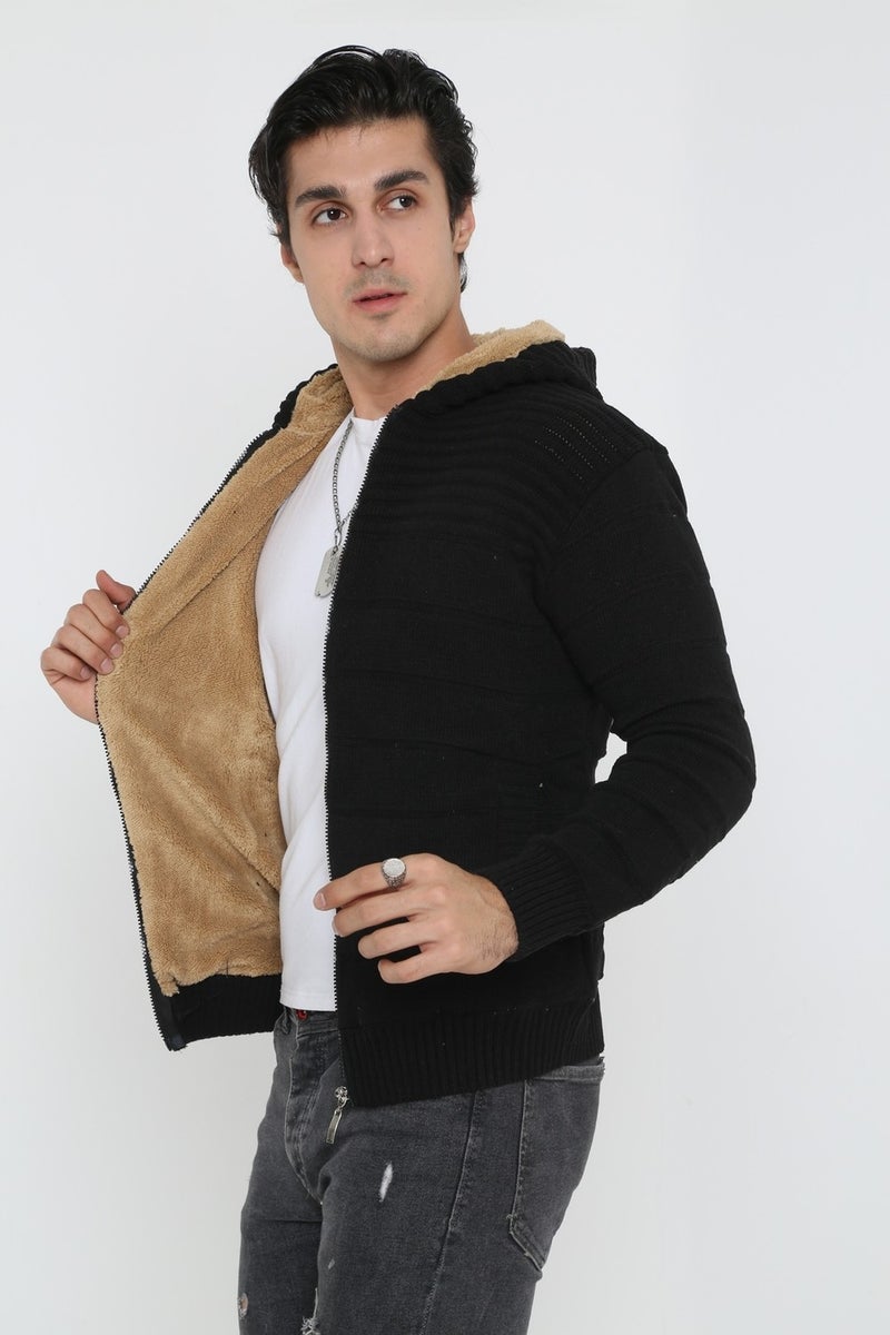 Kmk Men's Black Fur Lined Hooded Knitted Cardigan  - Image 2