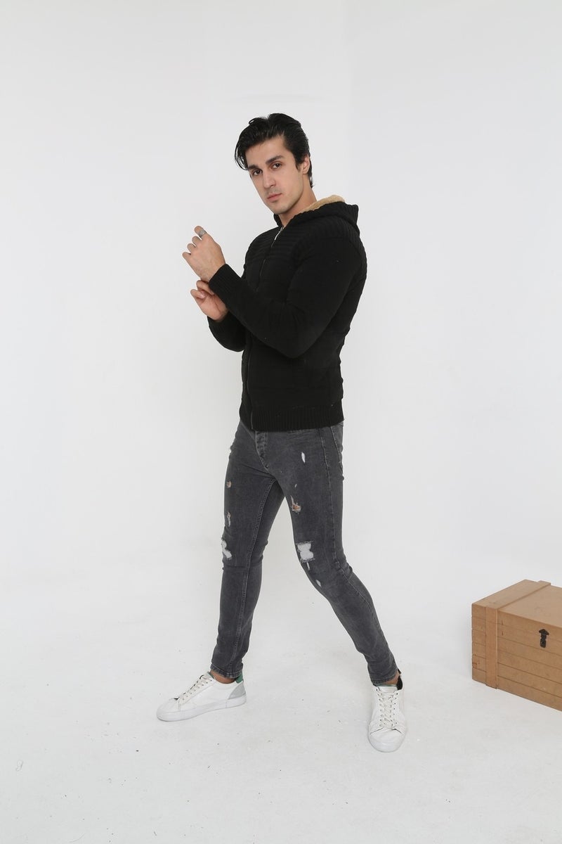 Kmk Men's Black Fur Lined Hooded Knitted Cardigan  - Image 5