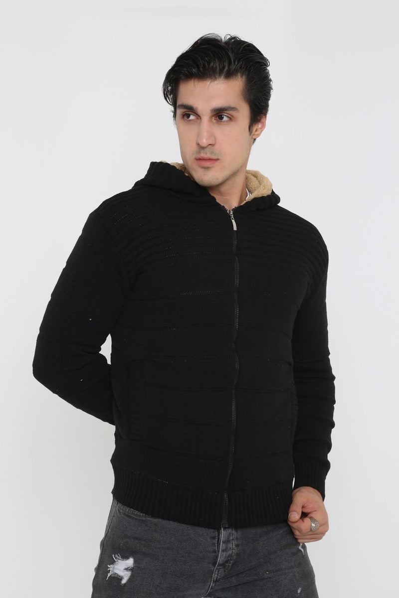 Kmk Men's Black Fur Lined Hooded Knitted Cardigan  - Image 3