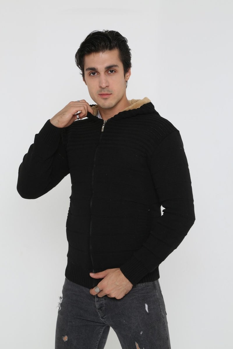 Kmk Men's Black Fur Lined Hooded Knitted Cardigan  - Image 1
