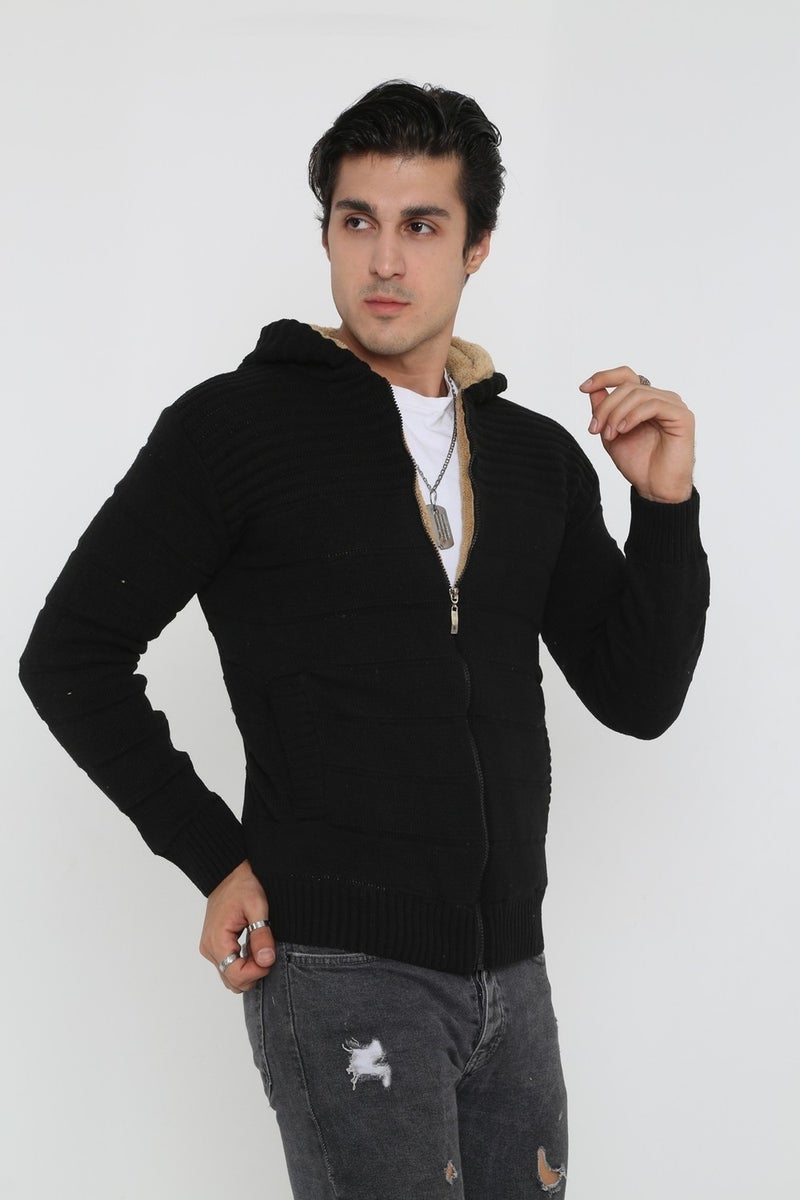 Kmk Men's Black Fur Lined Hooded Knitted Cardigan  - Image 4