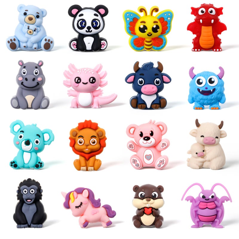 Ferreve 16 Pcs 3D Animal Silicone Focal Beads for Pens, Keychain Making, Focal Beads Bulk for Beadable Keychain DIY Crafts Necklace Bracelet Phone Chain Charms Jewelry Making - Image 1