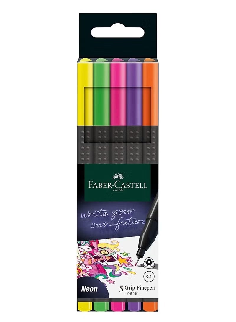 فابير كاستل Faber-Castell Grip Fineliner Pens Neon Set – 5 Pieces, 0.4 mm Tip, Assorted Colors - Image 1