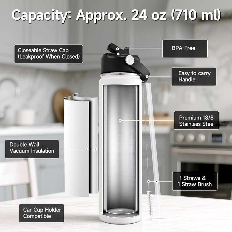 OZERO 24 Oz Insulated Stainless Steel Water Bottle with Lid and Straw - Double Wall Tumbler for Hot & Cold Drinks, Fits in Car Cup Holder, Leak-Proof Water Bottle for Sports, Gym and School - Image 2