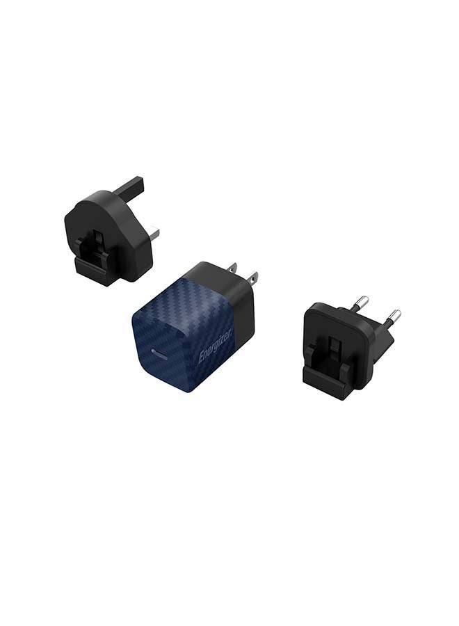 Energizer Ultimate Power Delivery 20W Wall Charger, GaN Technology, 3x Faster, 3 Plugs- EU/ UK/ US Plugs, Universal Compatiblity, Type-C Output Blue - Image 1