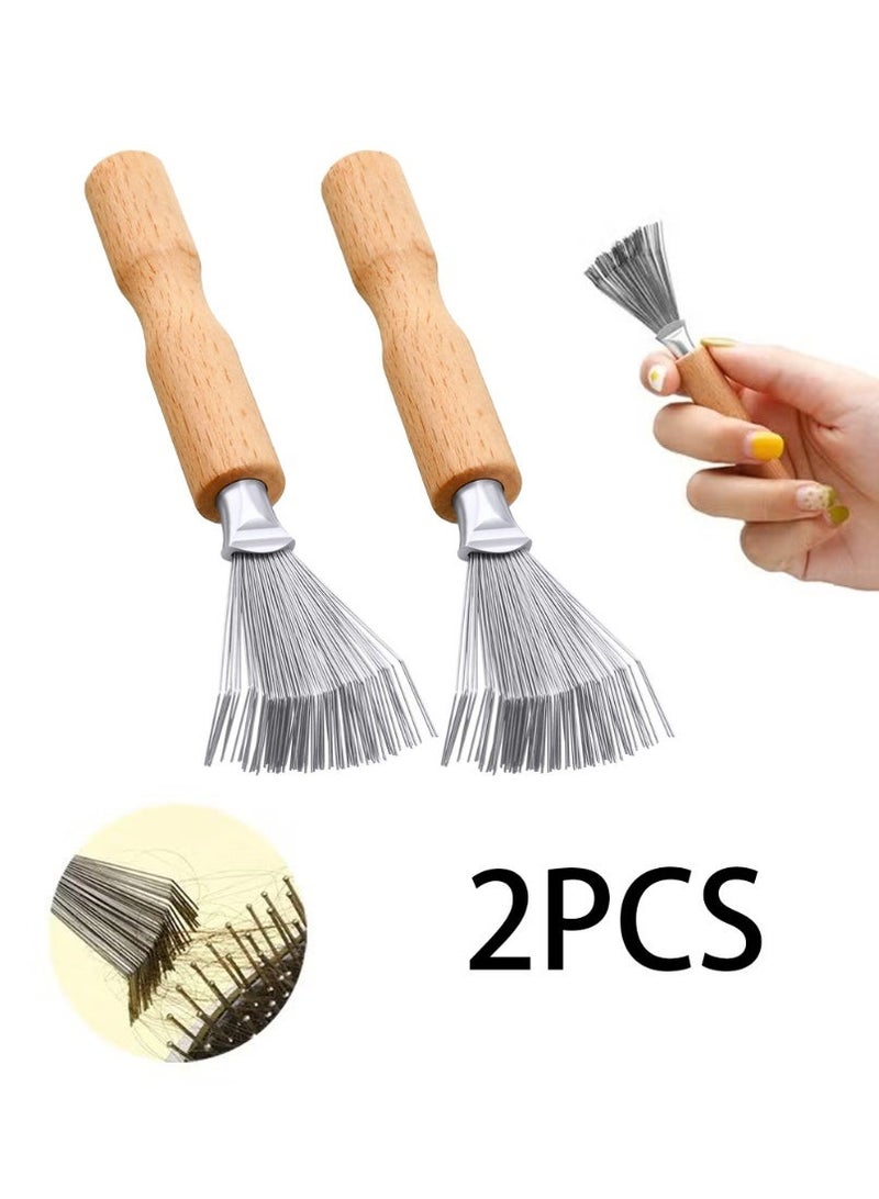 فرشاة تنظيف الشعر من بواو (قطعتان)، فرشاة صغيرة لإزالة الأوساخ من الشعر مع مشط سلكي معدني، مقبض خشبي للاستخدام المنزلي والصالون (مقبض ذو أخدود). - Image 1