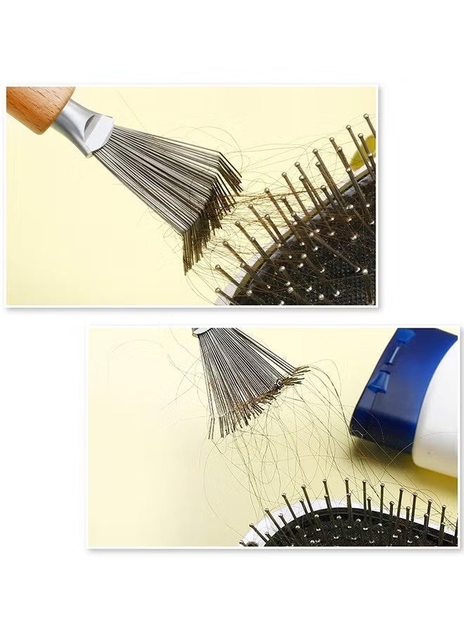 فرشاة تنظيف الشعر من بواو (قطعتان)، فرشاة صغيرة لإزالة الأوساخ من الشعر مع مشط سلكي معدني، مقبض خشبي للاستخدام المنزلي والصالون (مقبض ذو أخدود). - Image 5