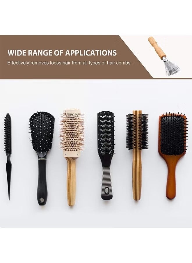 فرشاة تنظيف الشعر من بواو (قطعتان)، فرشاة صغيرة لإزالة الأوساخ من الشعر مع مشط سلكي معدني، مقبض خشبي للاستخدام المنزلي والصالون (مقبض ذو أخدود). - Image 3
