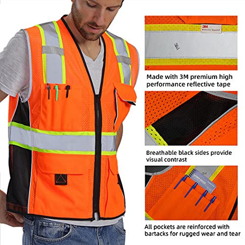 Dib Safety Reflective Vest Orange Mesh, High Visibility Vest with Pockets and Zipper, ANSI Class 2 Heavy Duty, Made with 3M Reflective Tape S - Image 2