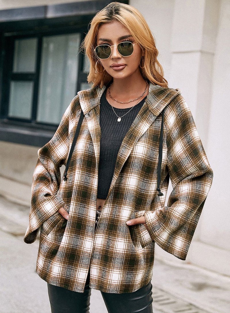 Loquat Hooded Loose Casual Cardigan Plaid Shirt Coat Multicolour - Image 3