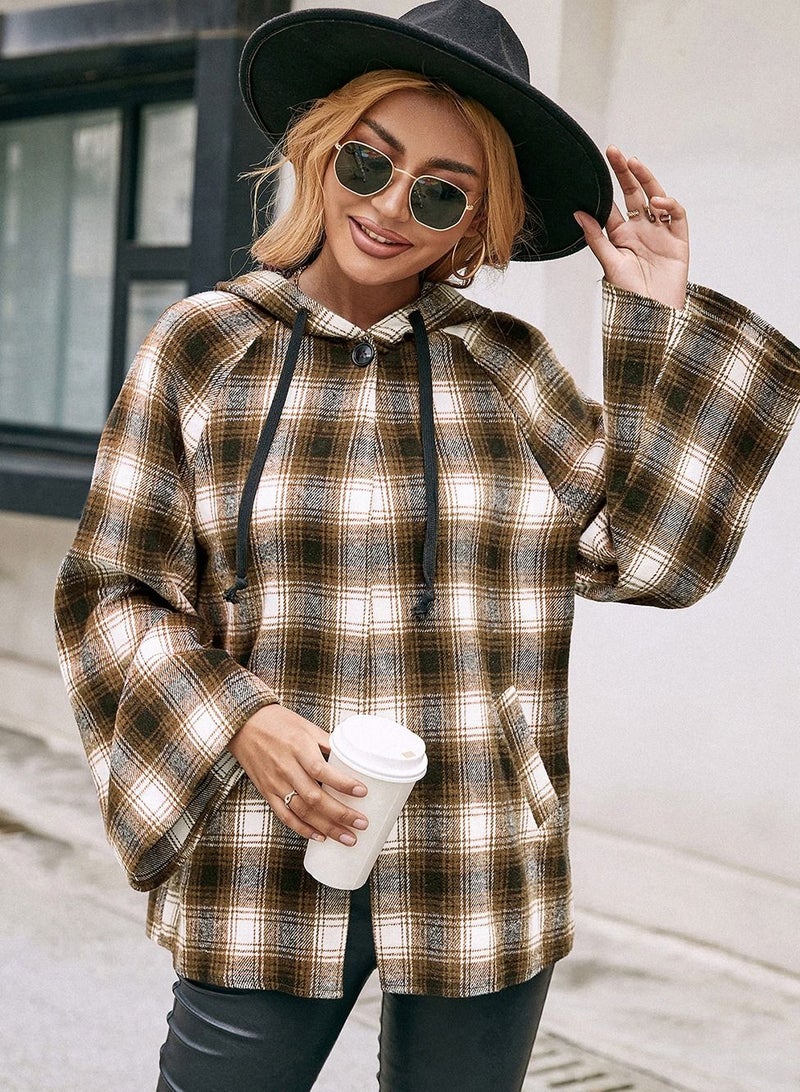 Loquat Hooded Loose Casual Cardigan Plaid Shirt Coat Multicolour - Image 1